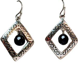 Handcrafted Silver-Tone Dangling Earrings W/ Etched Diamond Frame & Black Beads